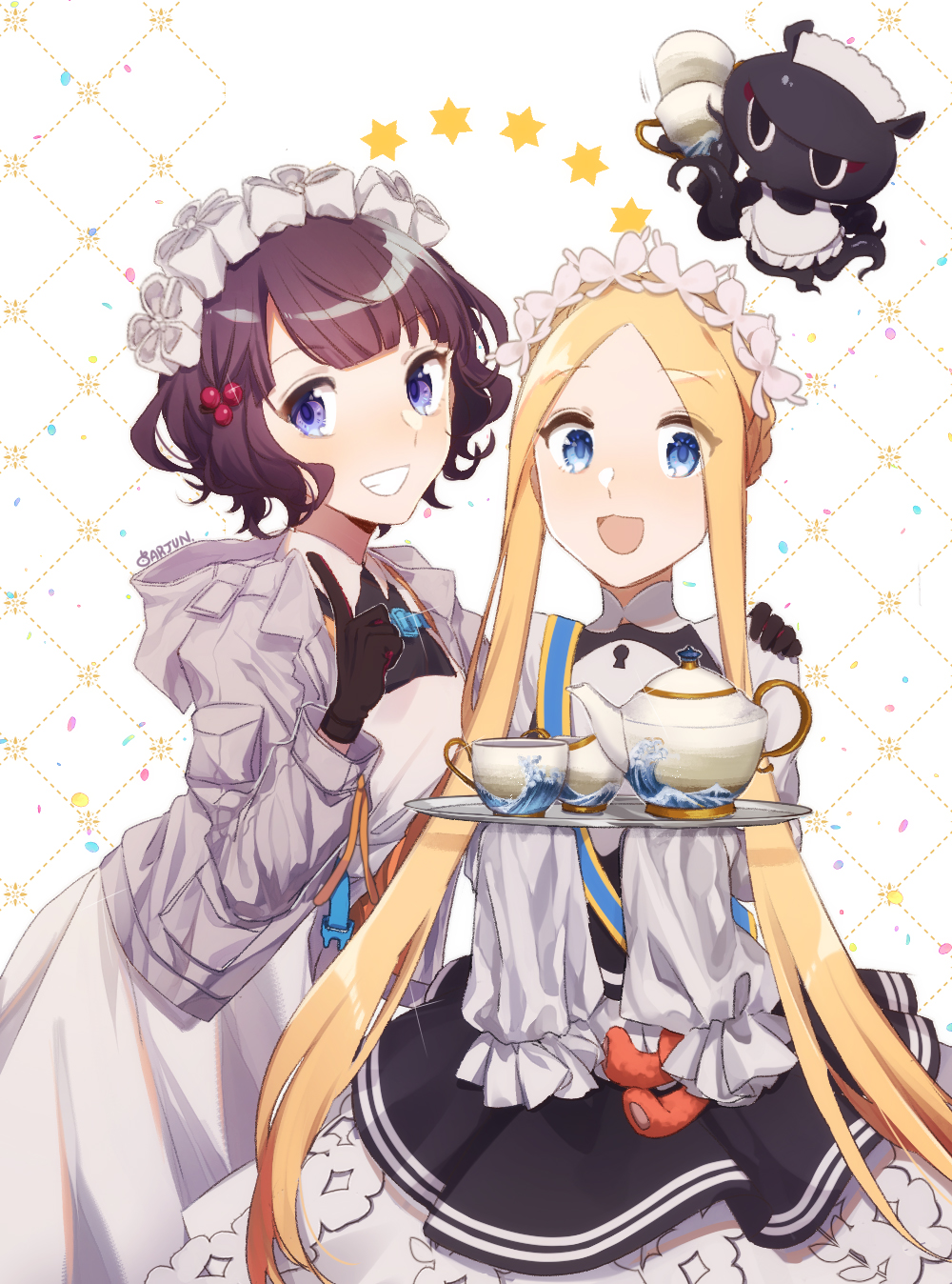 2girls abigail_williams_(fate/grand_order) artist_request bangs black_gloves black_skirt blonde_hair blue_eyes breasts cup dress fate/grand_order fate_(series) forehead gloves grey_jacket grin heroic_spirit_festival_outfit highres hood hooded_jacket jacket katsushika_hokusai_(fate/grand_order) layered_skirt long_hair long_sleeves looking_at_viewer maid_headdress multiple_girls octopus open_clothes open_jacket open_mouth parted_bangs sash short_hair sidelocks skirt sleeves_past_fingers sleeves_past_wrists smile stuffed_animal stuffed_toy teacup teapot teddy_bear tokitarou_(fate/grand_order) tray violet_eyes white_background white_dress