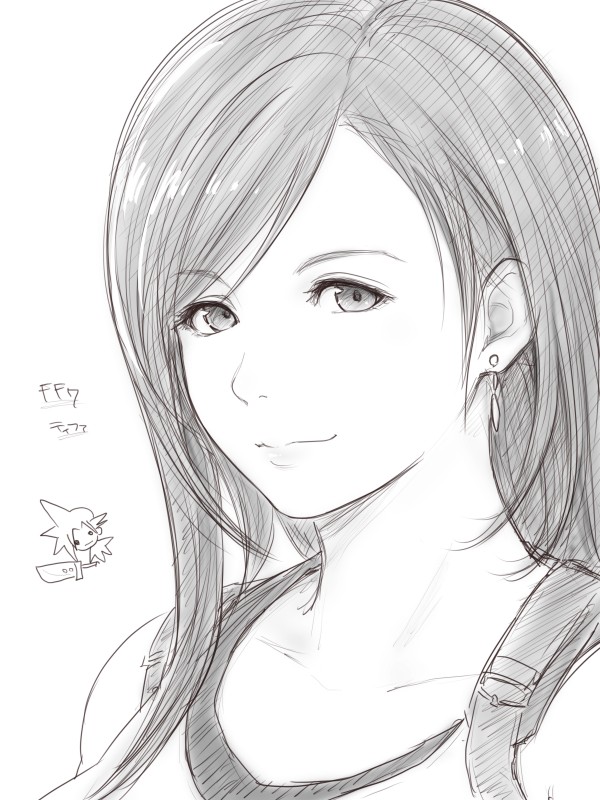 1girl breasts buster_sword closed_mouth cloud_strife earrings final_fantasy final_fantasy_vii jewelry kiikii_(kitsukedokoro) long_hair looking_at_viewer monochrome simple_background tifa_lockhart white_background