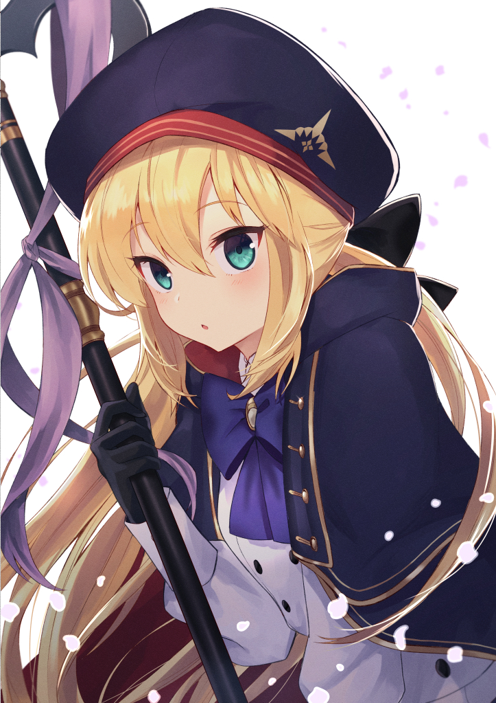 1girl artoria_pendragon_(all) artoria_pendragon_(caster) bangs blonde_hair blue_headwear blush breasts capelet fate/grand_order fate_(series) gloves green_eyes holding holding_staff itsumi_mita long_hair long_sleeves multicolored_capelet simple_background staff white_background