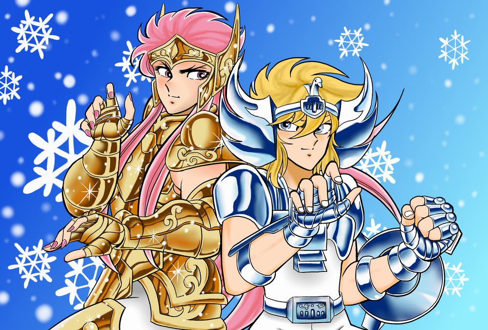 2boys aquarius_camus armor cygnus_hyoga fighting_stance long_hair male posing saint_seiya sera_(artist) shining_armor smile snowflakes