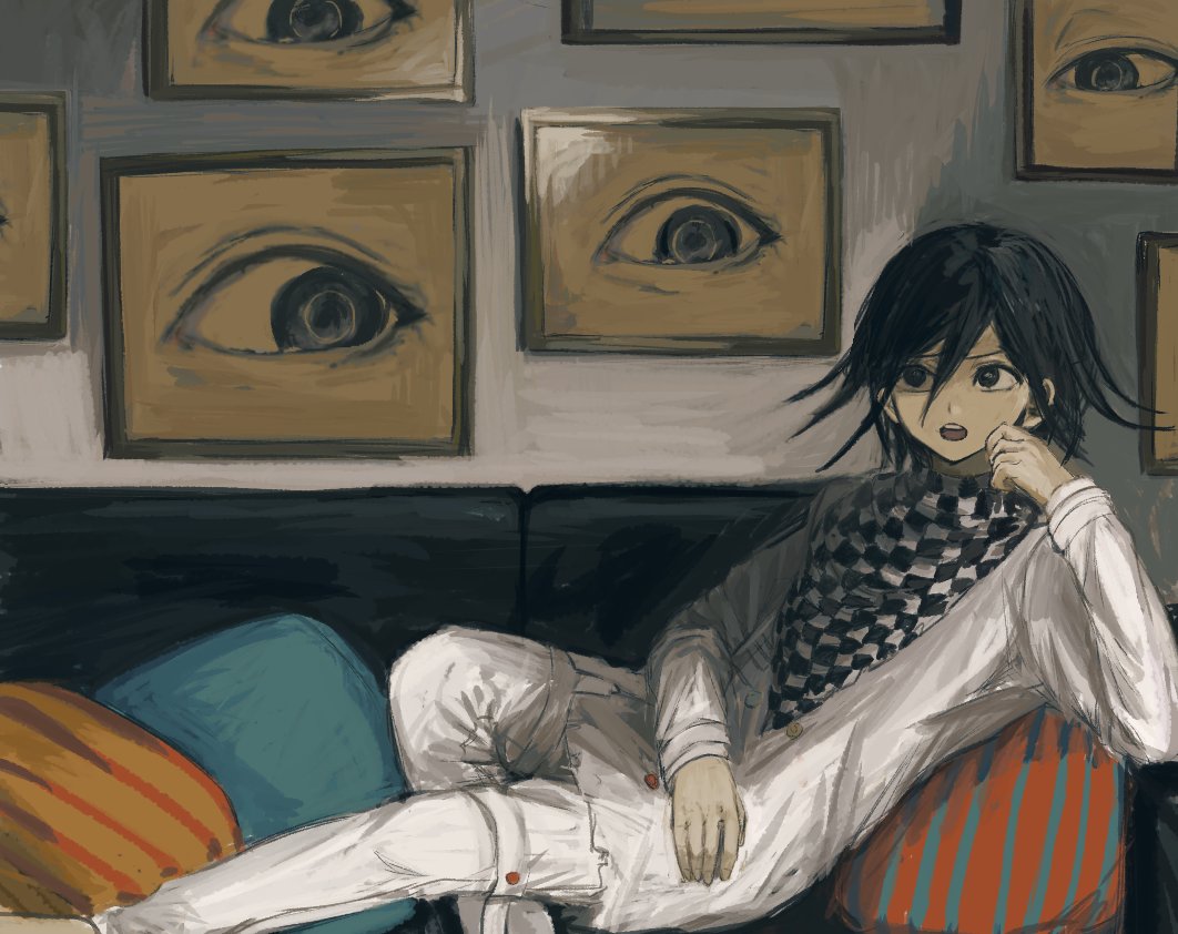 1boy ako_(td110349-7517) black_eyes black_hair checkered checkered_scarf couch cushion dangan_ronpa eyes long_sleeves male_focus new_dangan_ronpa_v3 open_mouth ouma_kokichi painting pants scarf solo straitjacket white_pants