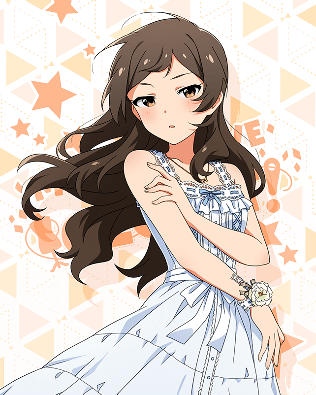 1girl blush bow brown_eyes brown_hair dress hand_on_own_arm idolmaster idolmaster_million_live! idolmaster_million_live!_theater_days jewelry kitazawa_shiho long_hair looking_at_viewer necklace official_art ribbon-trimmed_dress simple_background sleeveless sleeveless_dress solo standing white_bow white_dress wristband