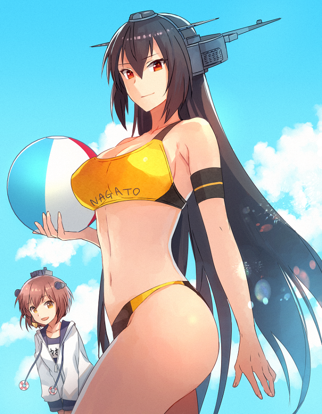 2girls ball beach_volleyball black_hair black_swimsuit breasts brown_eyes brown_hair closed_mouth clothes_writing clouds collarbone cowboy_shot day eyebrows_visible_through_hair hair_between_eyes headgear holding holding_ball jacket kantai_collection kasumi_(skchkko) large_breasts long_hair long_sleeves multiple_girls nagato_(kantai_collection) name_tag navel one-piece_swimsuit open_mouth red_eyes sports_bikini sportswear swimsuit swimsuit_under_clothes volleyball white_jacket yukikaze_(kantai_collection)