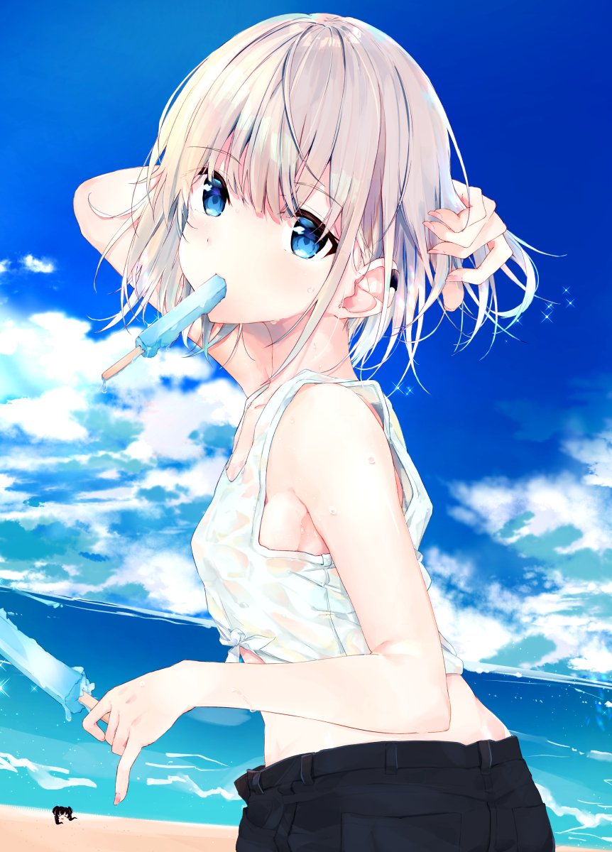 1girl arm_up back bangs bare_shoulders beach black_shorts blue_eyes blue_sky blush breasts crop_top day food food_in_mouth from_behind grey_hair hand_in_hair highres holding holding_food idolmaster idolmaster_shiny_colors looking_at_viewer looking_back midriff ocean outdoors popsicle seana serizawa_asahi shirt short_hair shorts sky sleeveless small_breasts solo wet wet_clothes white_shirt