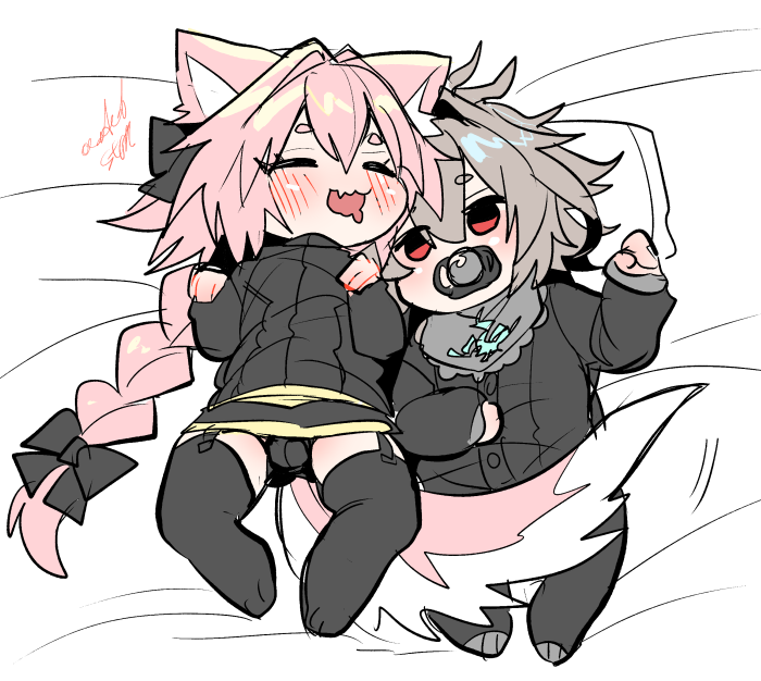 2boys animal_ears astolfo_(fate) baby blush closed_eyes commentary_request dog_boy dog_ears dog_tail fate/apocrypha fate_(series) full_body grey_hair haoro highlights lying multicolored_hair multiple_boys on_back otoko_no_ko pacifier panties pink_hair sieg_(fate/apocrypha) skirt sleeping tail thigh-highs two-tone_hair underwear white_hair younger