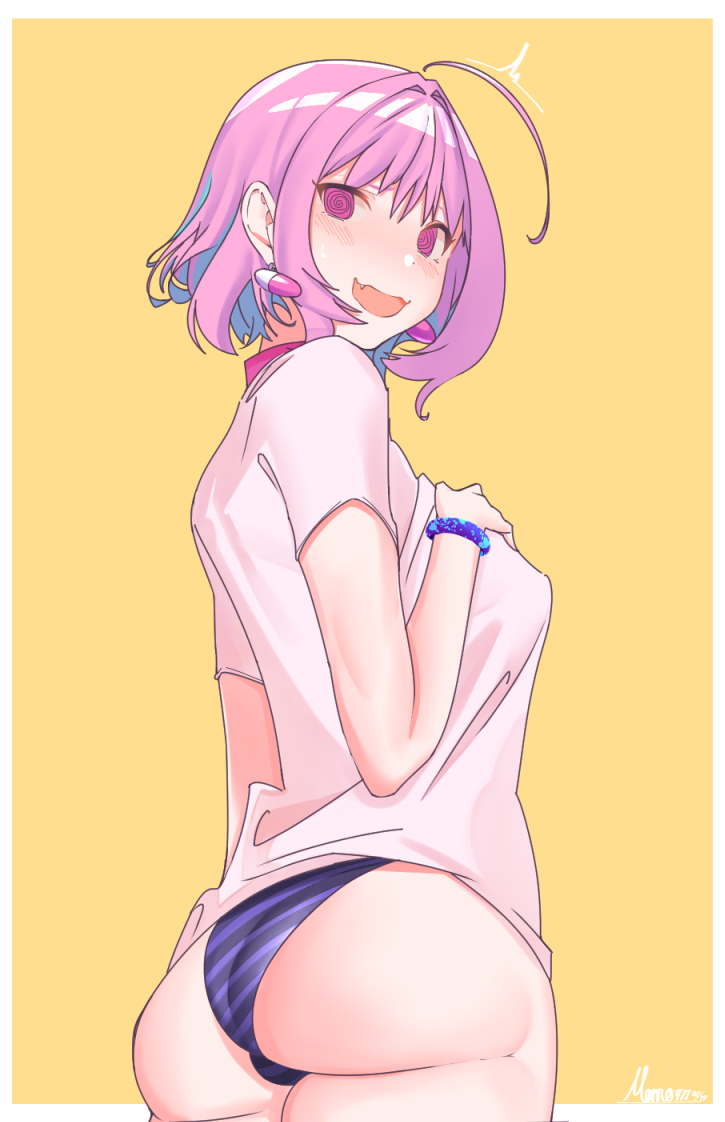 /\/\/\ 1girl @_@ ahoge ass bangs blue_hair blue_panties bracelet breasts collar earrings fang from_behind hair_intakes hand_on_own_chest idol idolmaster idolmaster_cinderella_girls jewelry large_breasts looking_at_viewer looking_back momo_911 multicolored_hair open_mouth panties pill_earrings pink_collar pink_eyes pink_hair shirt short_hair short_sleeves simple_background solo spiral_eyes striped striped_panties t-shirt two-tone_hair underwear wavy_mouth yumemi_riamu