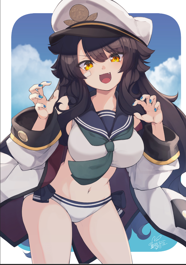 1girl :d bangs bikini black_hair blue_nails blue_sailor_collar blush breasts claw_pose coat day eyebrows_visible_through_hair fang green_neckwear hair_between_eyes hands_up hat leaning_forward long_hair long_sleeves looking_at_viewer medium_breasts nail_polish natsuki-chan_(natsuki_teru) natsuki_teru navel off_shoulder open_mouth orange_eyes original peaked_cap sailor_bikini sailor_collar signature smile solo swimsuit v-shaped_eyebrows very_long_hair white_bikini white_coat white_headwear