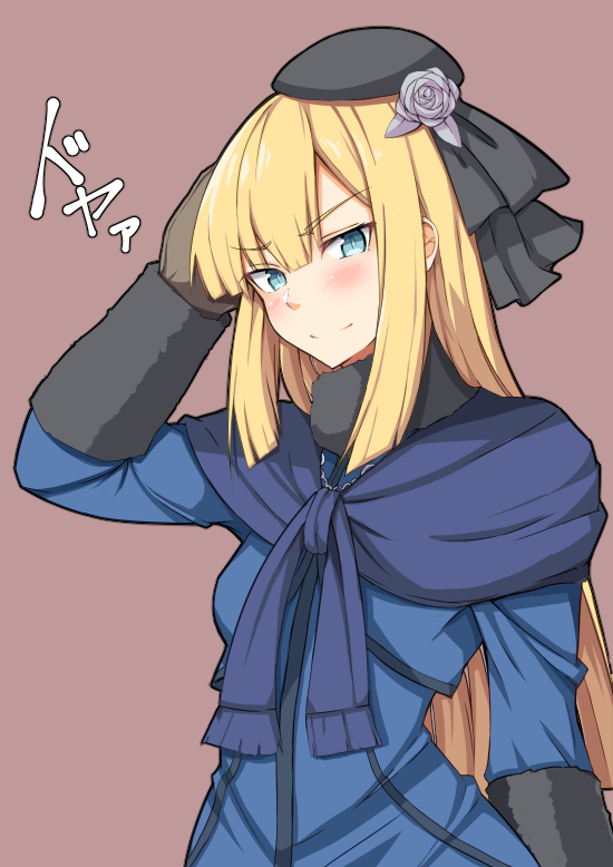 1girl bangs black_headwear blonde_hair blue_coat blue_jacket blue_scarf blunt_bangs blush brown_background brown_gloves coat fate/grand_order fate_(series) flower gloves green_eyes grey_flower grey_rose hair_flower hair_ornament hat hime_cut jacket long_hair long_sleeves looking_at_viewer lord_el-melloi_ii_case_files nahu onomatopoeia reines_el-melloi_archisorte scarf sidelocks simple_background smile solo tilted_headwear