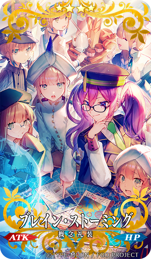 1girl 6+others androgynous baguette bangs black_headwear black_jacket blonde_hair blue_eyes blue_hair blush bread brown_hair captain_nemo_(fate/grand_order) closed_eyes closed_mouth cup fate/grand_order fate_(series) food glasses gradient_hair grey_eyes hair_between_eyes head_rest jacket long_hair long_sleeves map mebaru mole mole_under_mouth multicolored_hair multiple_others official_art open_mouth purple_hair sion_eltnam_sokaris sleeves_past_fingers sleeves_past_wrists smile table teacup teapot turban twintails type-moon upper_body violet_eyes white_headwear white_jacket