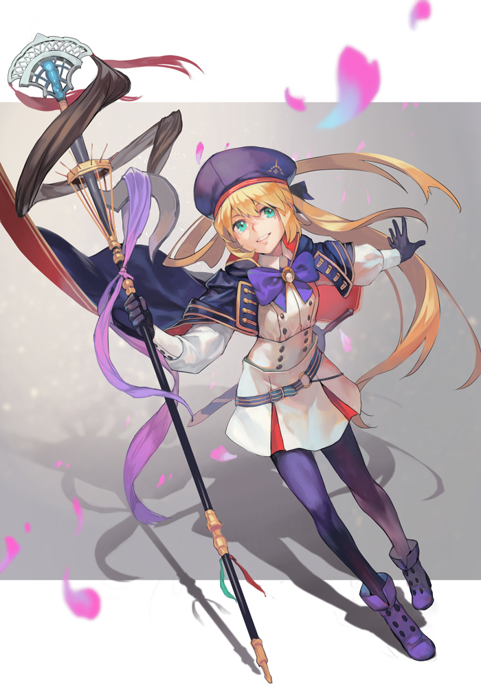 1girl ahoge artoria_pendragon_(all) artoria_pendragon_(caster) blonde_hair breasts fate/grand_order fate_(series) full_body gloves green_eyes grey_background hair_between_eyes hankuri hat holding holding_staff long_hair long_sleeves pantyhose shadow sheath sheathed shoes simple_background skirt small_breasts smile solo staff sword teeth two-tone_background weapon white_background