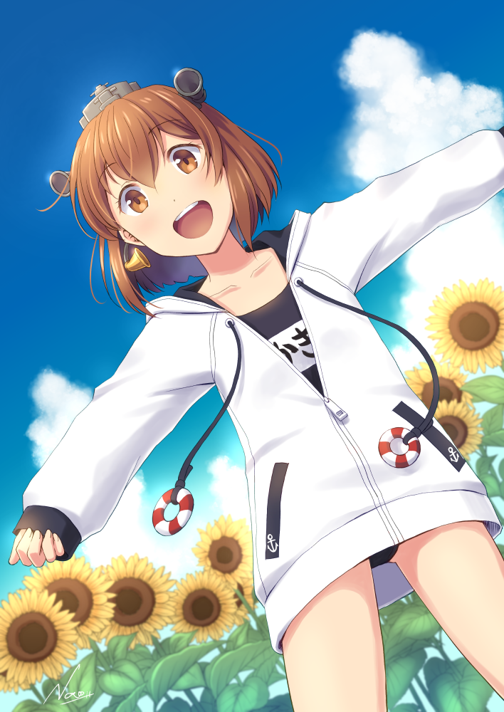 1girl black_swimsuit brown_eyes brown_hair collarbone cowboy_shot eyebrows_visible_through_hair flower hair_between_eyes jacket kantai_collection lifebuoy name_tag nao_(nao_eg) one-piece_swimsuit open_mouth outstretched_arms round_teeth school_swimsuit short_hair signature smile solo sunflower swimsuit swimsuit_under_clothes teeth upper_teeth white_jacket yellow_flower yukikaze_(kantai_collection)