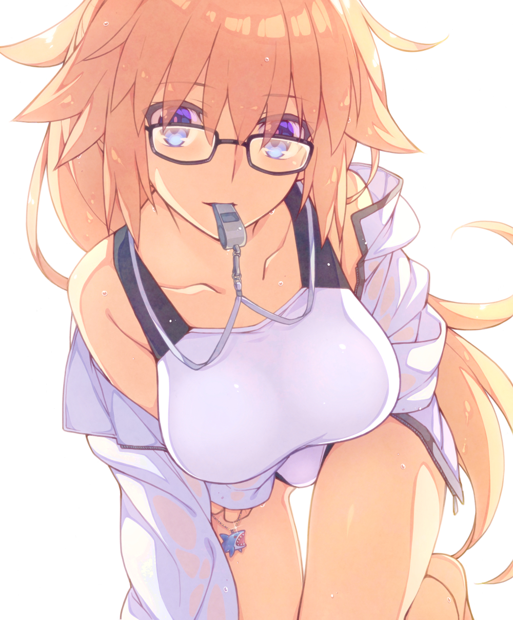 1girl ass_visible_through_thighs bare_shoulders blonde_hair blue_eyes breasts collarbone commentary_request eyebrows_visible_through_hair eyes_visible_through_hair fate/grand_order fate_(series) glasses hair_between_eyes highres jeanne_d'arc_(fate)_(all) jeanne_d'arc_(swimsuit_archer) large_breasts long_hair looking_at_viewer one-piece_swimsuit saipaco simple_background solo swimsuit very_long_hair wet white_background