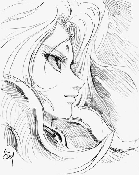 1boy aries_mu armor article_s close-up face facing_away floating_hair male monochrome portrait saint_seiya sketch smile solo