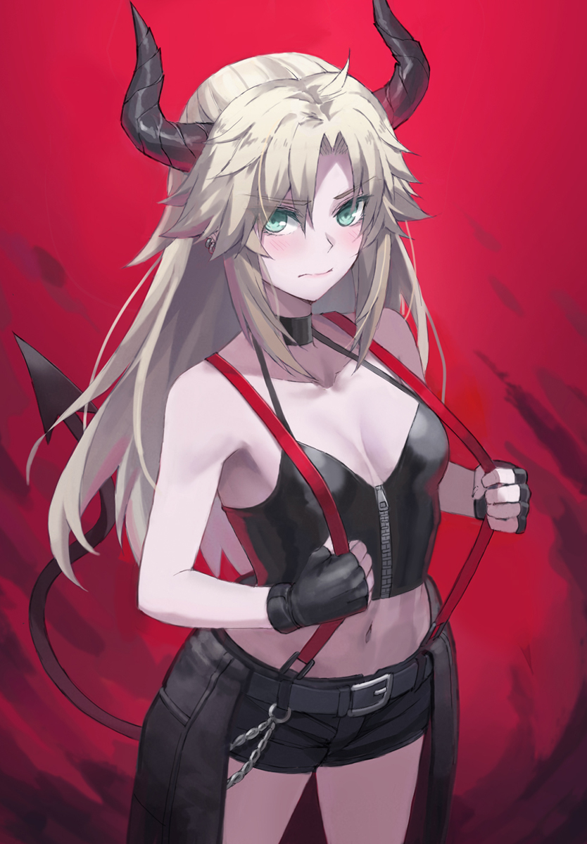 1girl bangs belt black_gloves black_shirt black_shorts blonde_hair braid breasts chain closed_mouth crop_top demon_horns demon_tail eyebrows_visible_through_hair eyes_visible_through_hair fate/apocrypha fate_(series) fingerless_gloves french_braid gloves green_eyes helltaker highres horns long_hair looking_at_viewer midriff mordred_(fate) mordred_(fate)_(all) navel parted_bangs red_background shirt short_shorts shorts sidelocks simple_background small_breasts suspender_shorts suspenders tail thighs tonee zipper