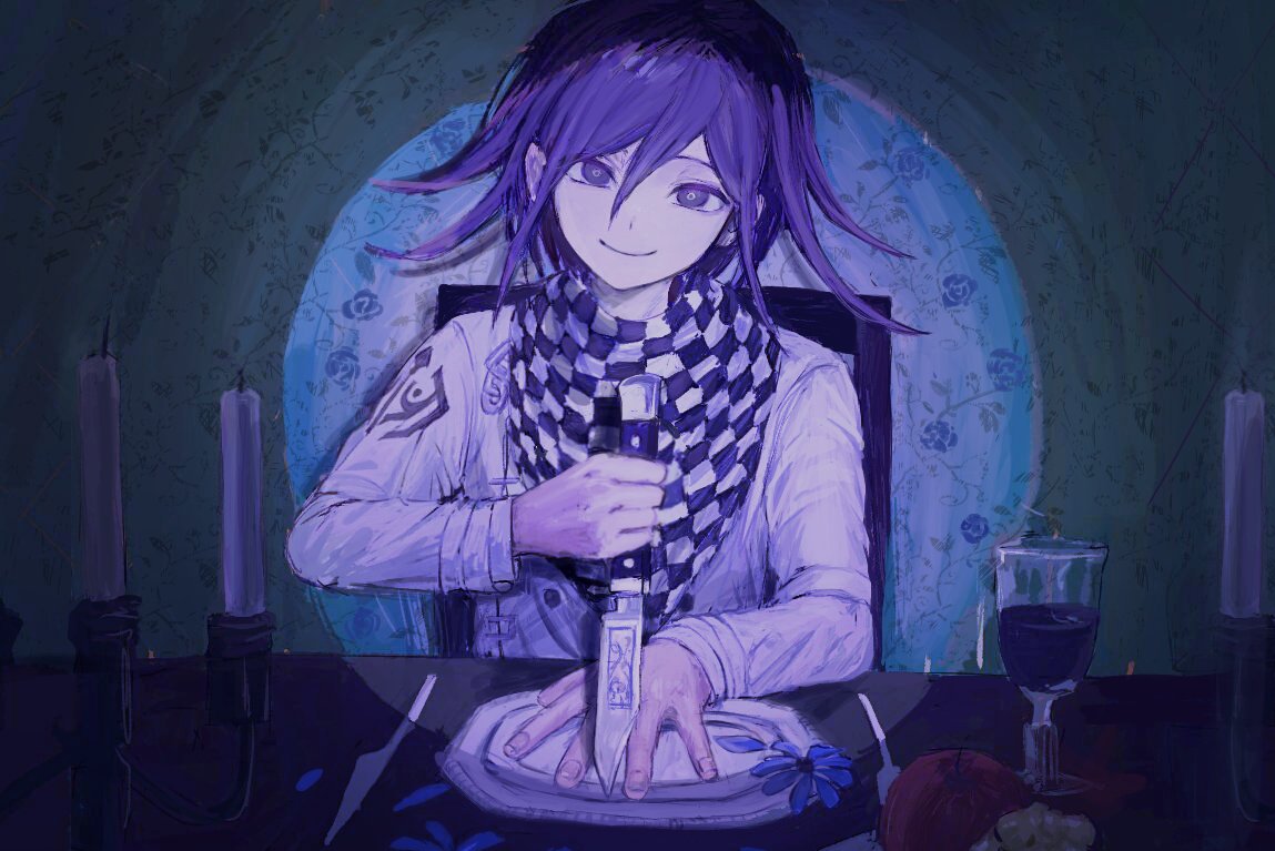 1boy ako_(td110349-7517) apple bangs candle chair checkered checkered_scarf cup dangan_ronpa drinking_glass food fruit hair_between_eyes holding holding_knife knife knife_game long_sleeves male_focus new_dangan_ronpa_v3 ouma_kokichi plate purple_hair scarf sitting smile solo straitjacket table violet_eyes wine_glass