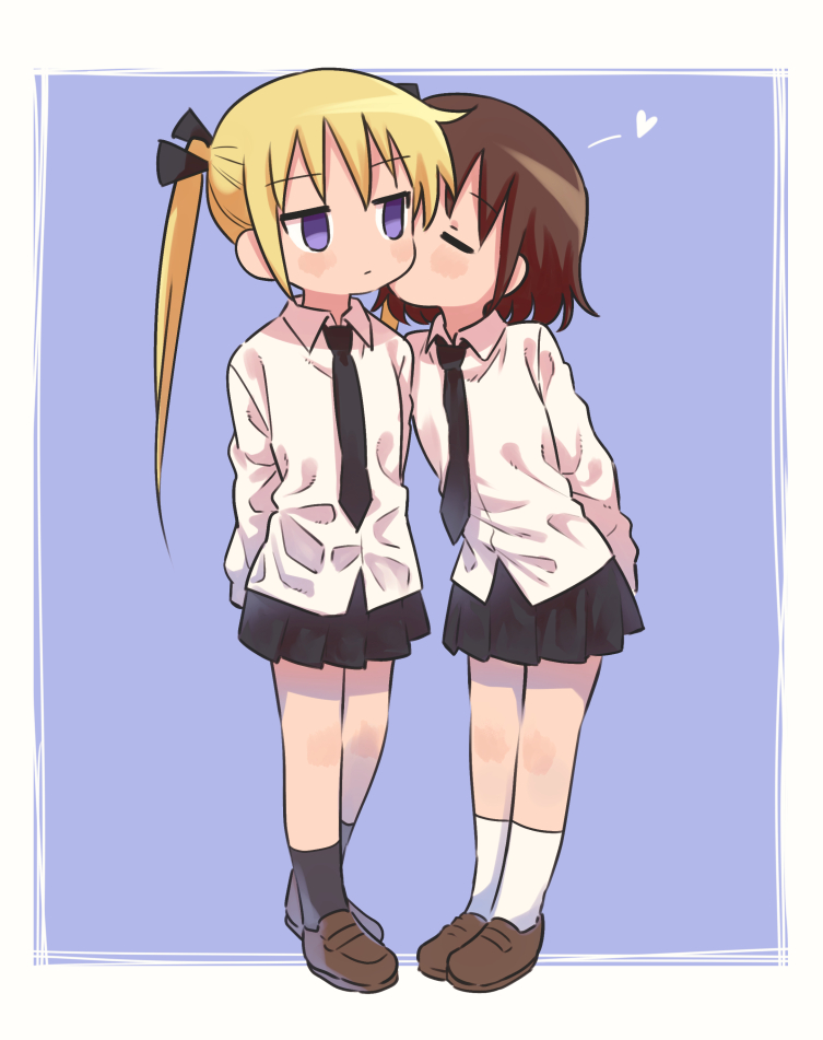 2girls arms_behind_back black_legwear black_neckwear blonde_hair brown_hair cheek_kiss closed_eyes empty_eyes kill_me_baby kiss loafers long_sleeves meis_(terameisu) multiple_girls necktie oribe_yasuna pleated_skirt school_uniform shoes short_hair skirt socks sonya_(kill_me_baby) twintails violet_eyes white_legwear yuri