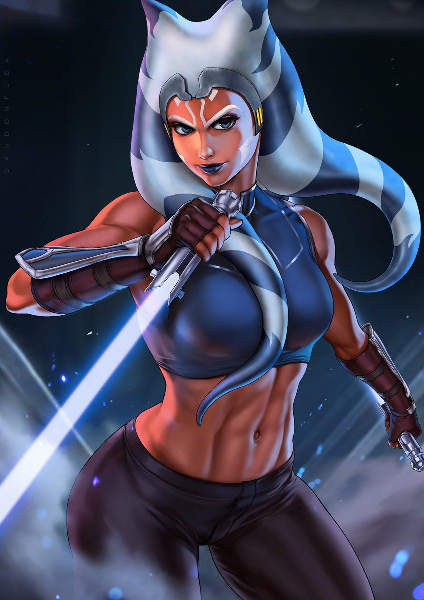 1girl abs ahsoka_tano alien blue_eyes blue_sports_bra breasts brown_gloves clenched_hands dandon_fuga dual_wielding elbow_gloves energy_sword fingerless_gloves gloves headpiece highres holding jedi jedi_knight lightsaber lipstick looking_at_viewer makeup navel orange_skin pants purple_lipstick reverse_grip smile sports_bra star_wars star_wars:_the_clone_wars sword tentacle_hair thick_thighs thighs tight tight_pants togruta toned vambraces weapon