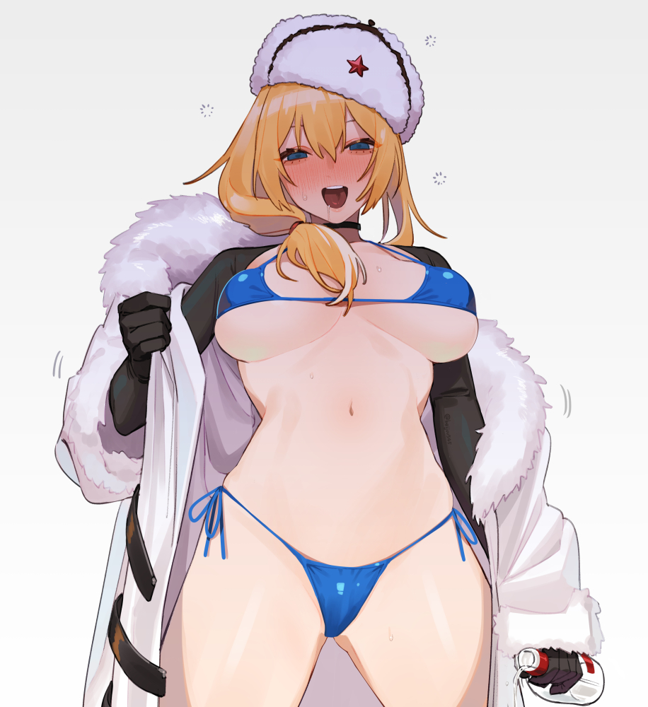 1girl alcohol bangs bikini blonde_hair blue_bikini blue_bra blue_eyes blue_panties blush bottle bra breasts choker drooling drunk eyebrows_visible_through_hair fur-trimmed_jacket fur_collar fur_trim girls_frontline hat holding holding_bottle jacket jacket_on_shoulders juz long_hair looking_at_viewer medium_breasts mosin-nagant_(girls_frontline) navel open_clothes open_mouth panties papakha sake solo swimsuit underwear white_headwear white_jacket