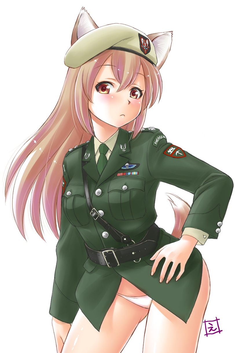 1girl belt blush breast_pocket closed_mouth cowboy_shot ears ebifly green_headwear green_jacket hair_between_eyes hand_on_hip hat highres jacket looking_at_viewer military military_uniform original panties pink_hair pocket red_eyes rhodesia signature simple_background solo standing tail underwear uniform white_background white_panties