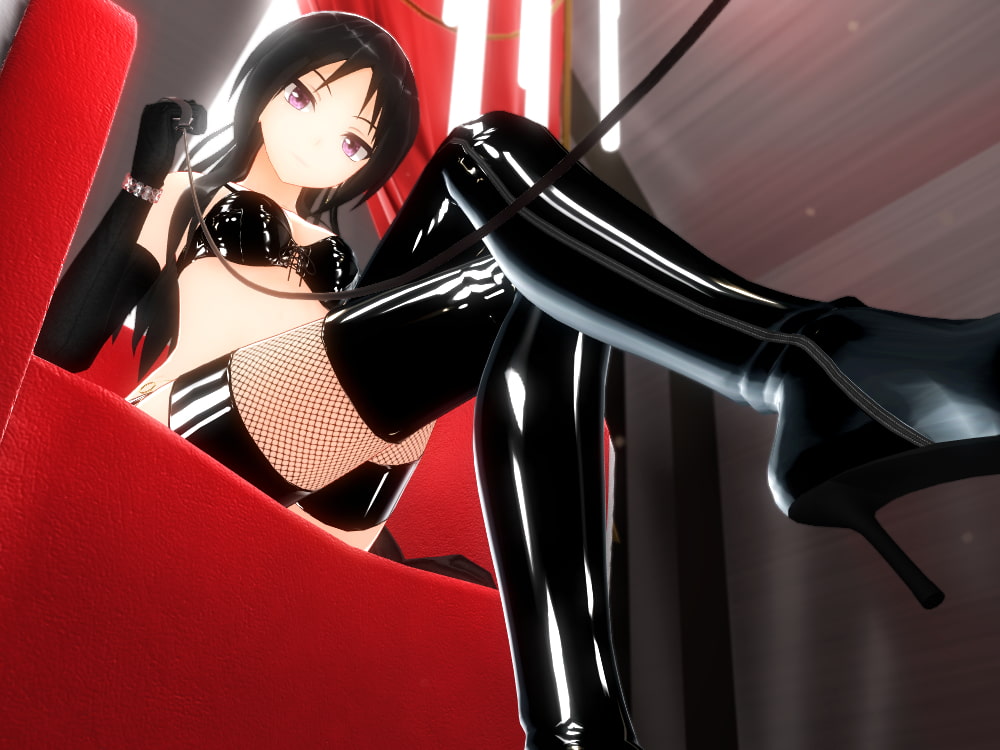 1girl 3d bangs bdsm bikini bikini_top black_footwear black_gloves black_hair bondage boots bound crossed_legs dominatrix elbow_gloves fishnet_legwear fishnets gloves high_heel_boots high_heels leash long_hair looking_at_viewer nm_(tshell2761) original red_eyes shiny shiny_clothes sitting solo swimsuit thigh-highs thigh_boots thighhighs_under_boots