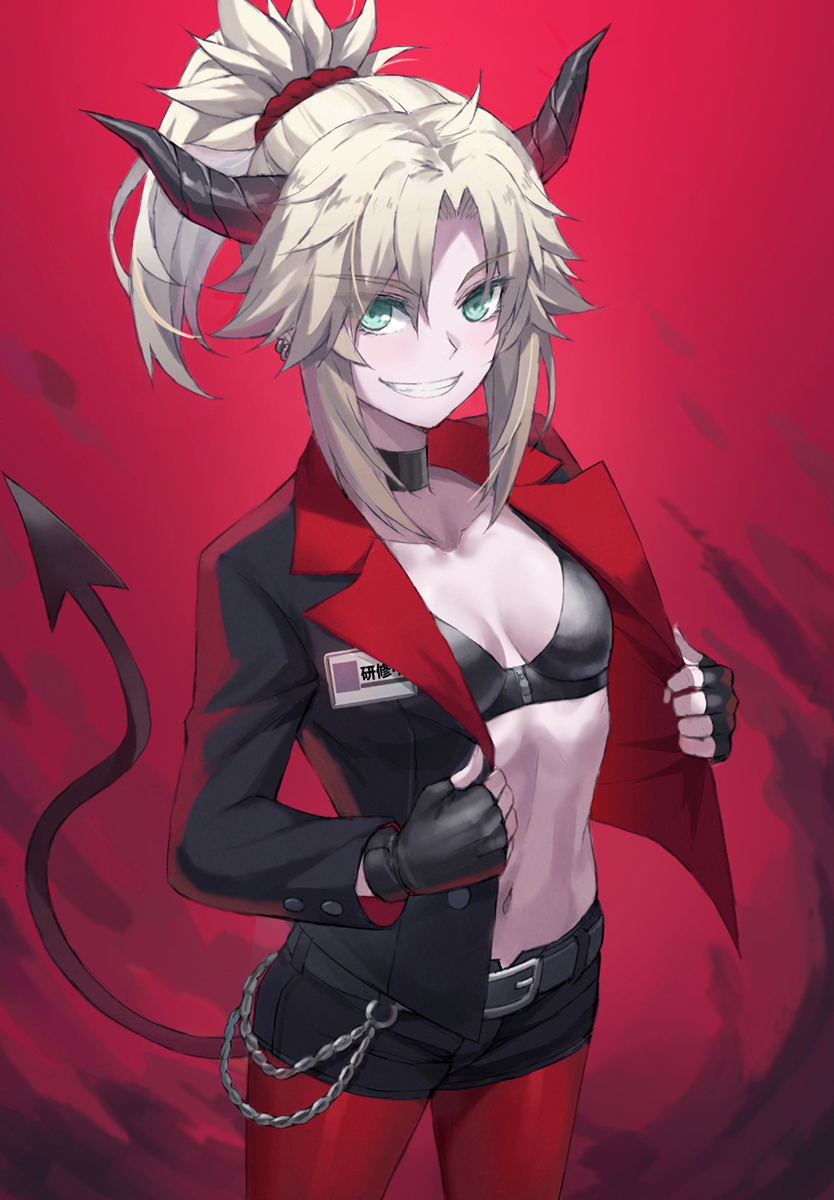 1girl bangs belt black_bra black_gloves black_jacket black_shorts blonde_hair bra braid breasts chain demon_horns demon_tail eyebrows_visible_through_hair eyes_visible_through_hair fate/apocrypha fate_(series) fingerless_gloves french_braid gloves green_eyes grin hair_ornament hair_scrunchie helltaker highres horns jacket long_hair long_sleeves looking_at_viewer mordred_(fate) mordred_(fate)_(all) navel open_clothes open_jacket pantyhose parted_bangs ponytail red_background red_legwear red_scrunchie scrunchie shorts sidelocks simple_background small_breasts smile tail tonee underwear