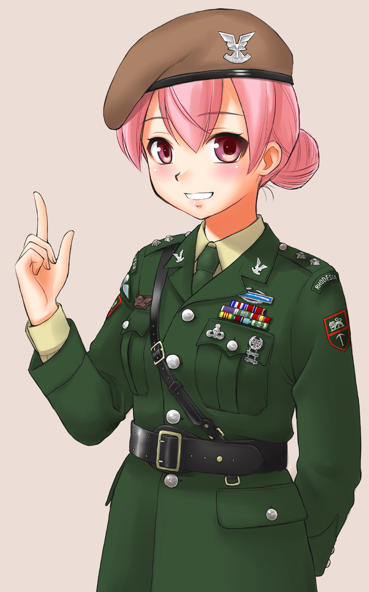 1girl belt beret black_belt bow brown_headwear coat cowboy_shot ebifly green_coat grey_background hair_bow hand_up hat index_finger_raised long_sleeves looking_at_viewer medal military military_uniform original pink_eyes pink_hair simple_background smile soldier solo uniform