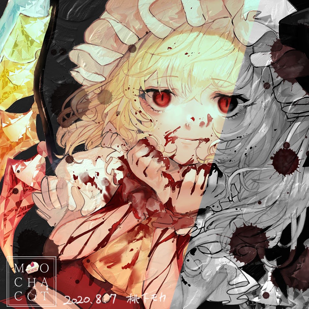 1girl arms_up artist_name blonde_hair blood blood_on_face blood_splatter bloody_clothes bloody_hands commentary_request cravat dated dutch_angle expressionless flandre_scarlet hat looking_at_viewer mob_cap mochacot partial_monochrome puffy_short_sleeves puffy_sleeves red_eyes red_vest shirt short_hair short_sleeves sketch slit_pupils solo symbol_commentary touhou upper_body vest white_headwear white_shirt wings wrist_cuffs yellow_neckwear
