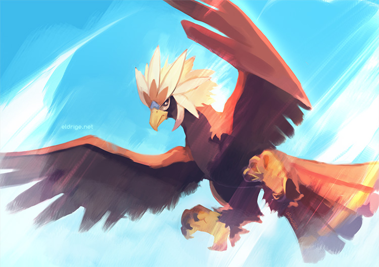 artist_name bird black_eyes blue_background blue_sky braviary claws closed_mouth day eldrige english_commentary flying full_body gen_5_pokemon no_humans outdoors pokemon pokemon_(creature) signature simple_background sky solo watermark web_address wind