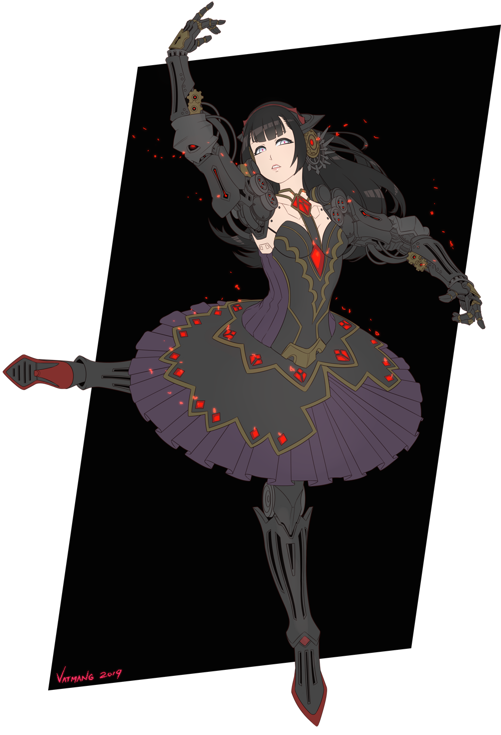 1girl android arm_up arms_up ballerina bangs black_hair dancing dated dress gem glowing high_heels highres long_bangs long_hair mechanical_arm mechanical_legs original parted_lips pink_lips red_footwear signature solo two-tone_background vatmang white_eyes