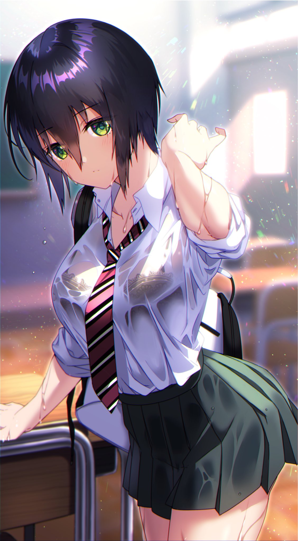 1girl black_hair blush bra bra_through_clothes classroom collarbone commentary_request cowboy_shot eyebrows_visible_through_hair eyes_visible_through_hair fujiya_takao green_eyes highres kusunoki_suzu looking_at_viewer original school_uniform short_hair skirt solo standing underwear wet