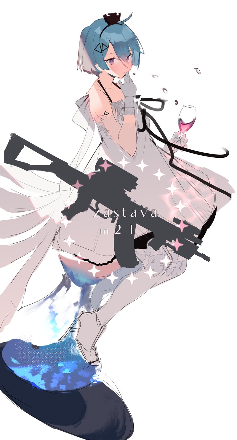 1girl assault_rifle bangs blue_hair character_name crown cup dress drinking_glass girls_frontline gloves gun hair_between_eyes hairband highres hourglass mini_crown rifle short_hair simple_background sitting solo soukou_makura sparkle violet_eyes weapon white_background white_dress white_gloves white_legwear wine_glass zas_m21_(girls_frontline)