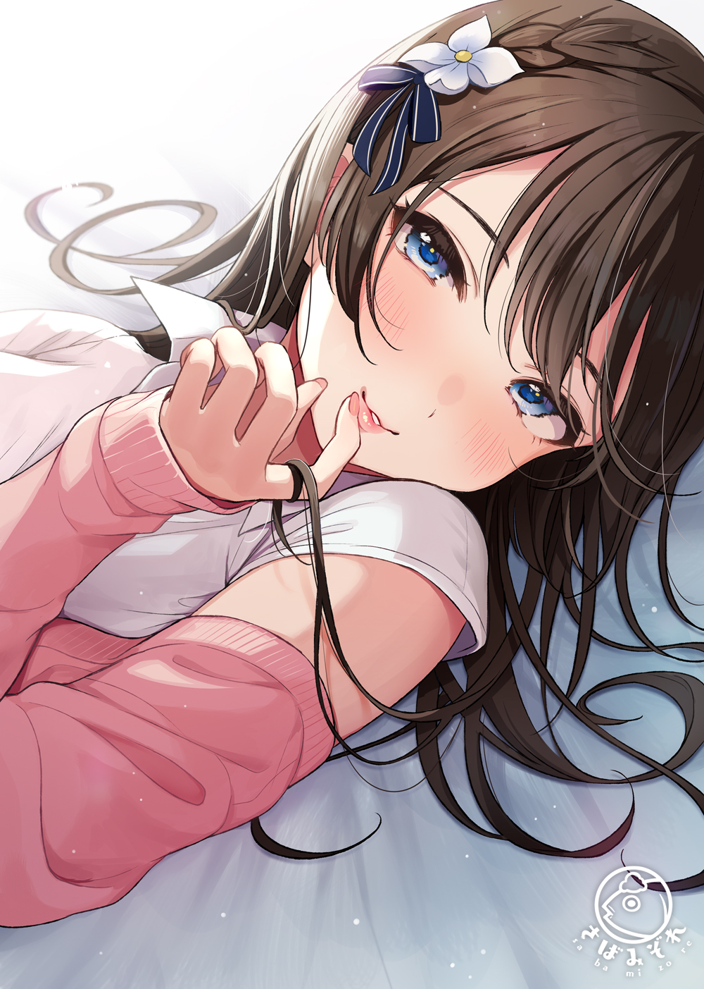 1girl bangs blue_eyes blush breasts brown_hair cardigan flower hair_between_eyes hair_flower hair_ornament hair_ribbon highres lips long_hair long_sleeves looking_at_viewer lying off_shoulder on_back original parted_lips pink_cardigan pink_nails playing_with_own_hair ribbon shirt short_sleeves sidelocks smile solo tsukana_(saba_mizore) white_shirt