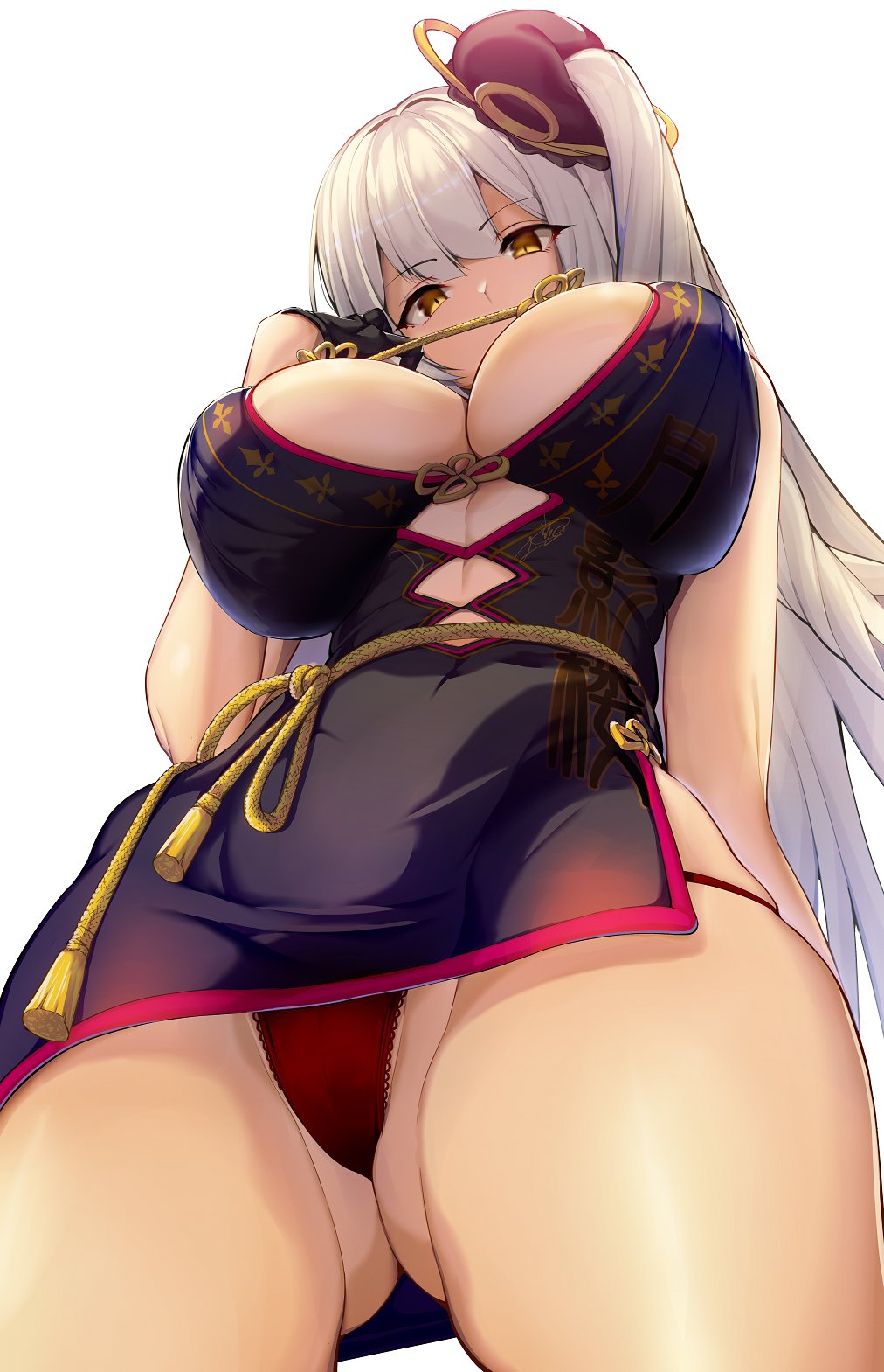1girl ass_visible_through_thighs bangs bare_shoulders black_dress black_gloves breasts china_dress chinese_clothes commission commissioner_upload dark_persona dress fate/grand_order fate_(series) from_below gloves hair_ornament half_gloves hand_up highres large_breasts long_hair looking_at_viewer marie_antoinette_(alter)_(fate/grand_order) one_side_up panties pantyshot red_panties rope satou_daiji sidelocks silver_hair skirt solo string_panties thighs under_boob underwear very_long_hair yellow_eyes