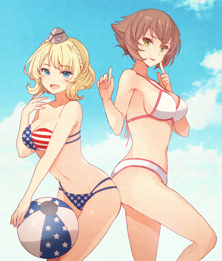 2girls :d american_flag_bikini ball bandeau beachball bikini blonde_hair blue_eyes breasts brown_hair collarbone colorado_(kantai_collection) day eyebrows_visible_through_hair flag_print garrison_cap green_eyes grey_headwear groin hat kantai_collection kasumi_(skchkko) large_breasts looking_at_viewer multiple_girls mutsu_(kantai_collection) navel open_mouth short_hair smile strapless strapless_bikini swimsuit white_bikini