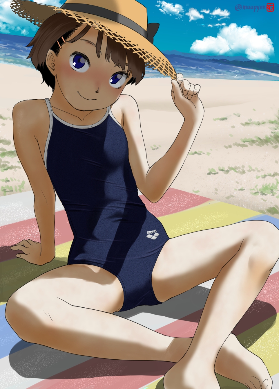 1girl arena_(company) beach blue_eyes blue_sky brown_hair clouds commentary_request competition_school_swimsuit crossed_legs day flat_chest hair_ornament hairclip hat highres logo looking_at_viewer mu-pyon original outdoors school_swimsuit short_hair sitting sky solo straw_hat sun_hat swimsuit