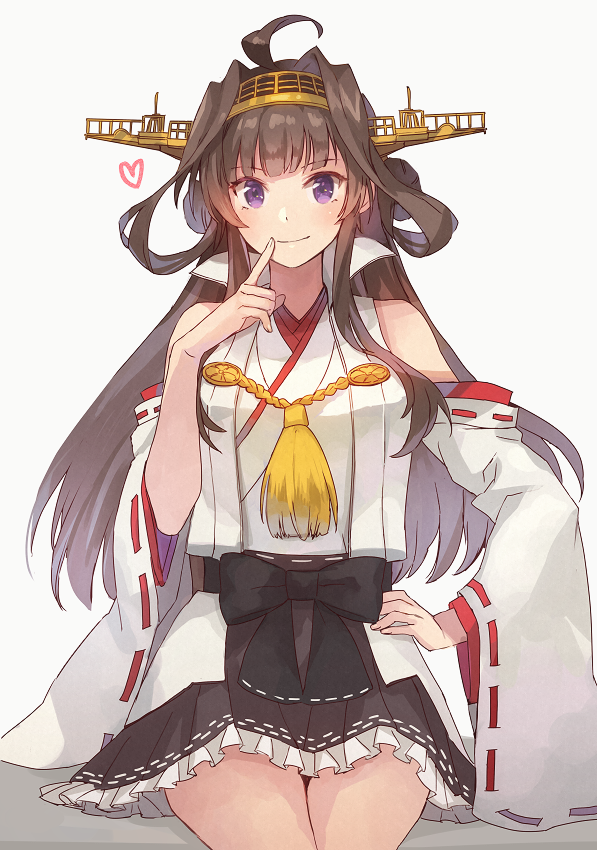 1girl ahoge black_skirt boots brown_hair detached_sleeves double_bun finger_to_mouth hairband hakama_skirt headgear japanese_clothes kantai_collection kasumi_(skchkko) kongou_(kantai_collection) long_hair pleated_skirt popped_collar remodel_(kantai_collection) ribbon-trimmed_sleeves ribbon_trim simple_background sitting skirt solo thigh-highs thigh_boots white_background