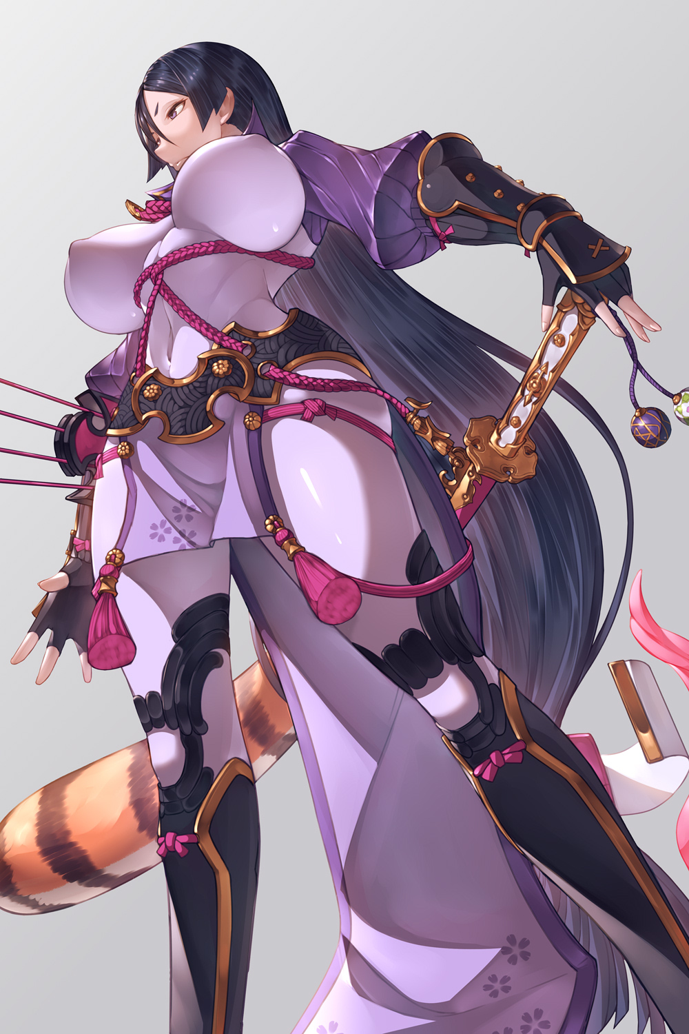 1girl animal_print arm_guards armor bangs black_gloves bodysuit breasts cero320 commentary_request covered_nipples curvy fate/grand_order fate_(series) fingerless_gloves from_below gloves grey_background highres holding holding_sword holding_weapon japanese_armor katana large_breasts loincloth long_hair low-tied_long_hair minamoto_no_raikou_(fate/grand_order) parted_bangs purple_bodysuit purple_hair ribbed_sleeves rope standing sword tabard tiger_print very_long_hair violet_eyes weapon