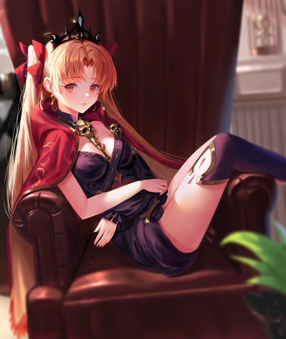 1girl asymmetrical_legwear bangs black_leotard blonde_hair breasts cape earrings ereshkigal_(fate/grand_order) fate/grand_order fate_(series) gold_trim hoop_earrings infinity jewelry leotard long_hair looking_at_viewer orange_eyes parted_bangs red_cape sansan_(dongfangzhong111) single_sleeve single_thighhigh sitting skull spine thigh-highs thighs tiara two_side_up