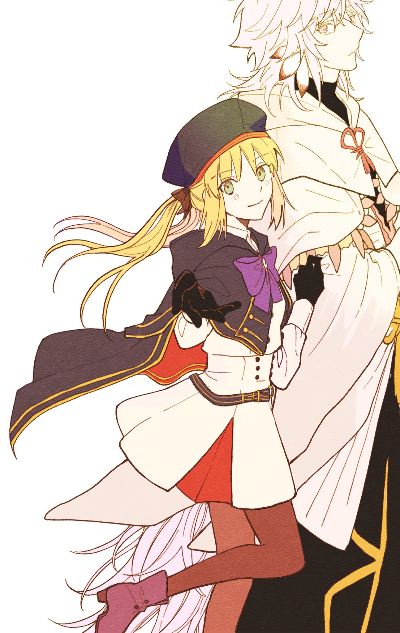 1girl artoria_pendragon_(all) artoria_pendragon_(caster) belt belt_buckle blonde_hair blush breasts buckle eyebrows_visible_through_hair fate/grand_order fate_(series) feet_out_of_frame gloves green_eyes hat high_heels highres long_hair long_sleeves looking_at_viewer merlin_(fate) pantyhose sakanomachico skirt small_breasts smile white_hair