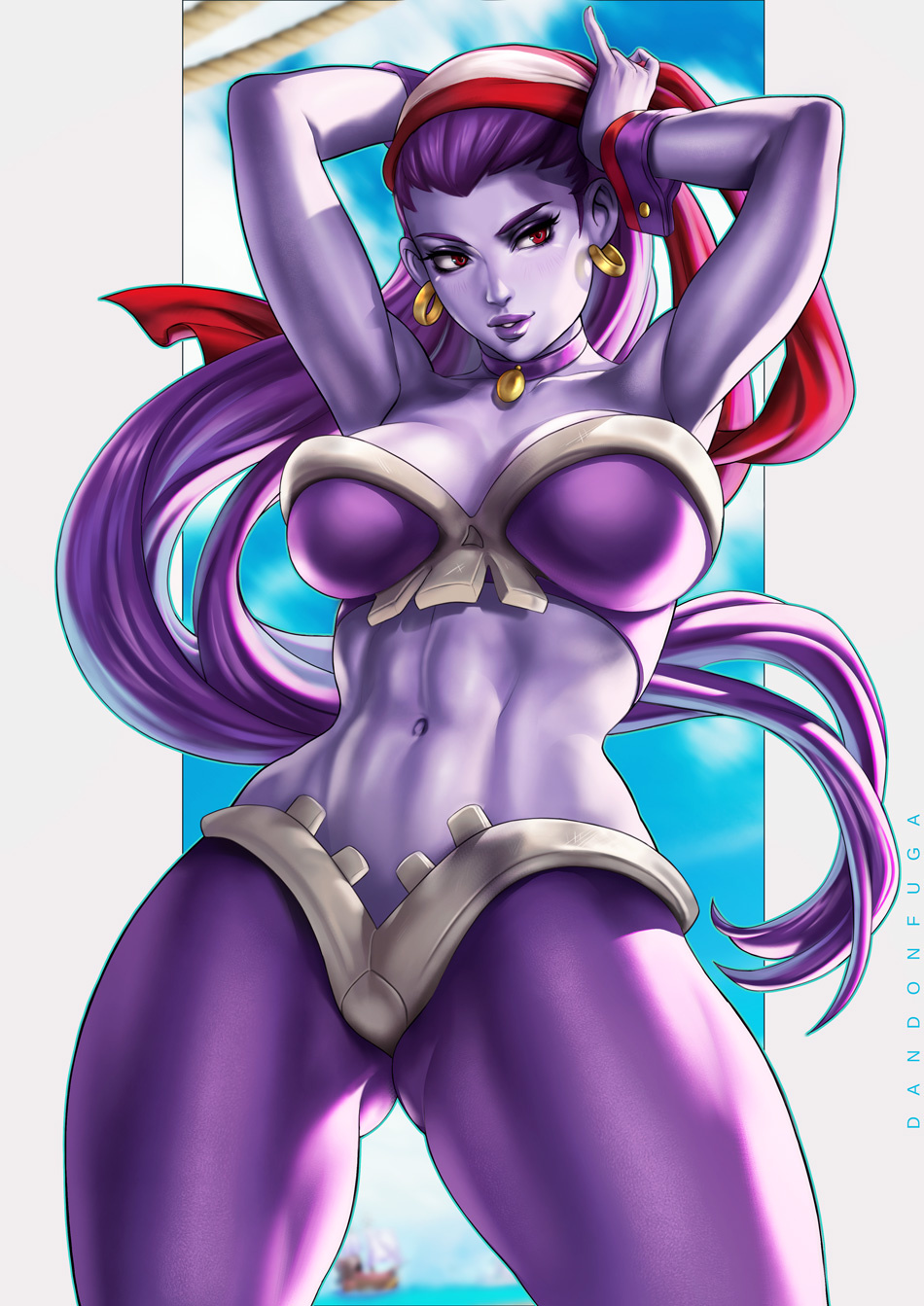 1girl abs arms_up ass_visible_through_thighs bandana bare_shoulders breasts bustier choker commentary dandon_fuga earrings english_commentary eyelashes eyeshadow gem gold_earrings highres hoop_earrings jewelry large_breasts long_hair makeup md5_mismatch navel outside_border pants pirate pirate_costume purple_choker purple_hair purple_lips purple_pants purple_skin red_bandana red_eyes risky_boots shantae_(series) shantae_and_the_seven_sirens ship smile solo thick_thighs thighs tight tight_pants toned very_long_hair watercraft