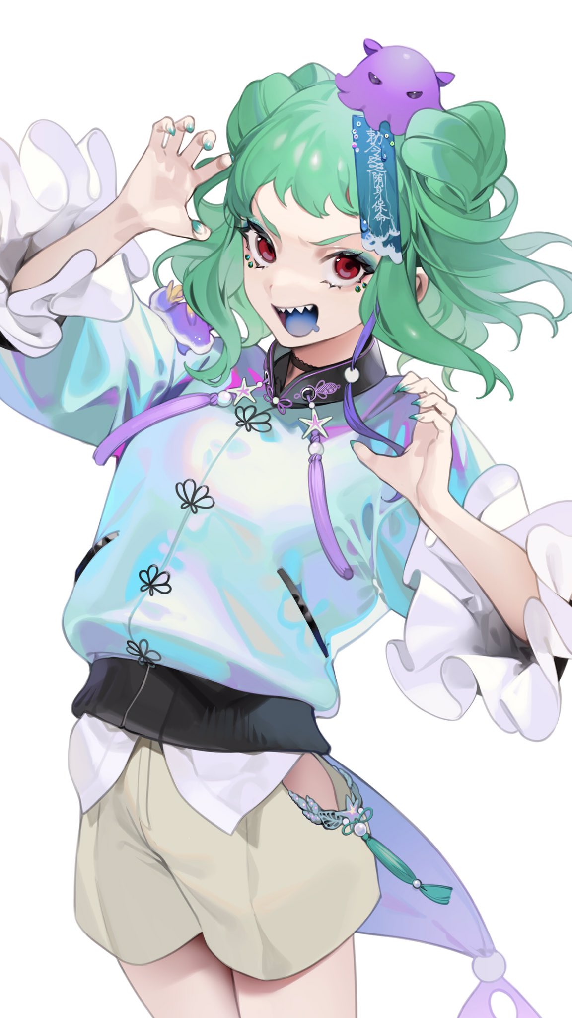 1girl bangs character_request copyright_request green_hair highres long_sleeves looking_at_viewer nail_polish ohisashiburi open_mouth red_eyes short_hair shorts simple_background sleeve_cuffs tagme upper_body