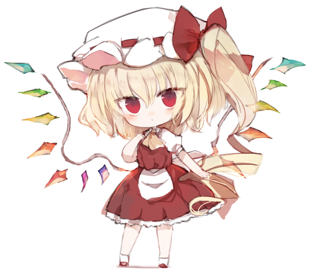 1girl :o ascot bangs blonde_hair bow brown_neckwear chibi commentary_request crystal flandre_scarlet full_body hair_between_eyes hat hat_bow kotatu_(akaki01aoki00) long_hair looking_at_viewer mob_cap one_side_up parted_lips pleated_skirt puffy_short_sleeves puffy_sleeves red_bow red_eyes red_skirt red_vest ringlets shadow shirt short_sleeves skirt solo standing touhou very_long_hair vest white_background white_headwear white_shirt wings
