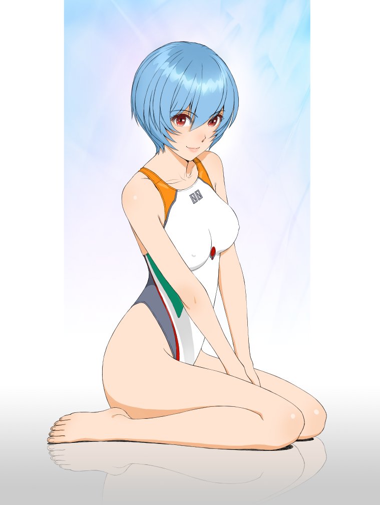 1girl adapted_costume arms_between_legs ayanami_rei barefoot blue_hair breasts competition_swimsuit covered_nipples english_commentary engrish_commentary looking_at_viewer medium_breasts neon_genesis_evangelion one-piece_swimsuit red_eyes reflection short_hair sitting smile solo swimsuit v_arms wariza watanabe_yasuaki