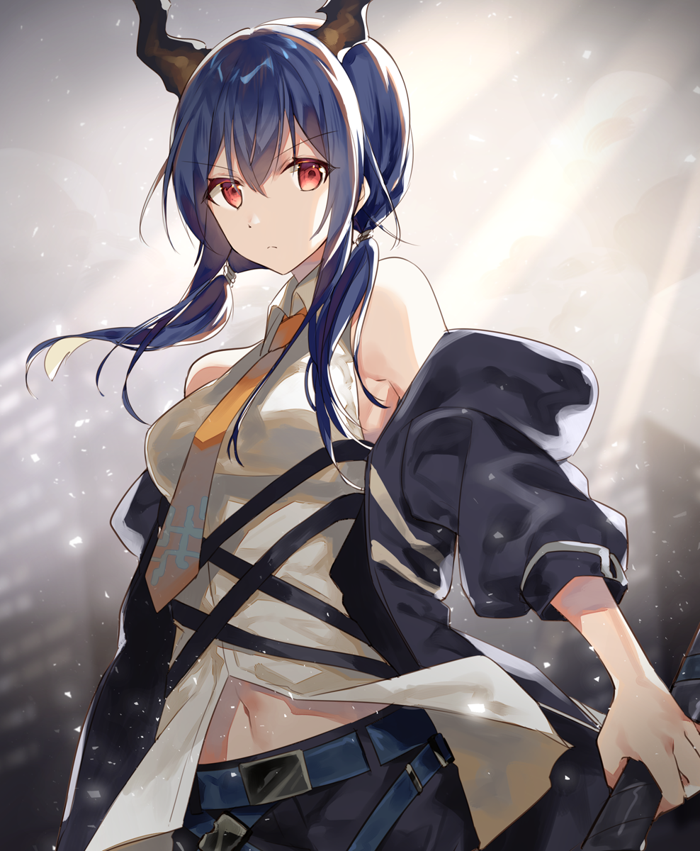 1girl arknights bangs bare_shoulders belt black_jacket blue_belt blue_hair breasts ch'en_(arknights) commentary_request dragon_horns en_(shisui_no_utage) eyebrows_visible_through_hair hair_between_eyes highres horns jacket long_hair long_sleeves looking_at_viewer medium_breasts navel necktie off_shoulder open_clothes open_jacket partial_commentary red_eyes shirt sleeveless sleeveless_shirt solo twintails upper_body white_shirt yellow_neckwear