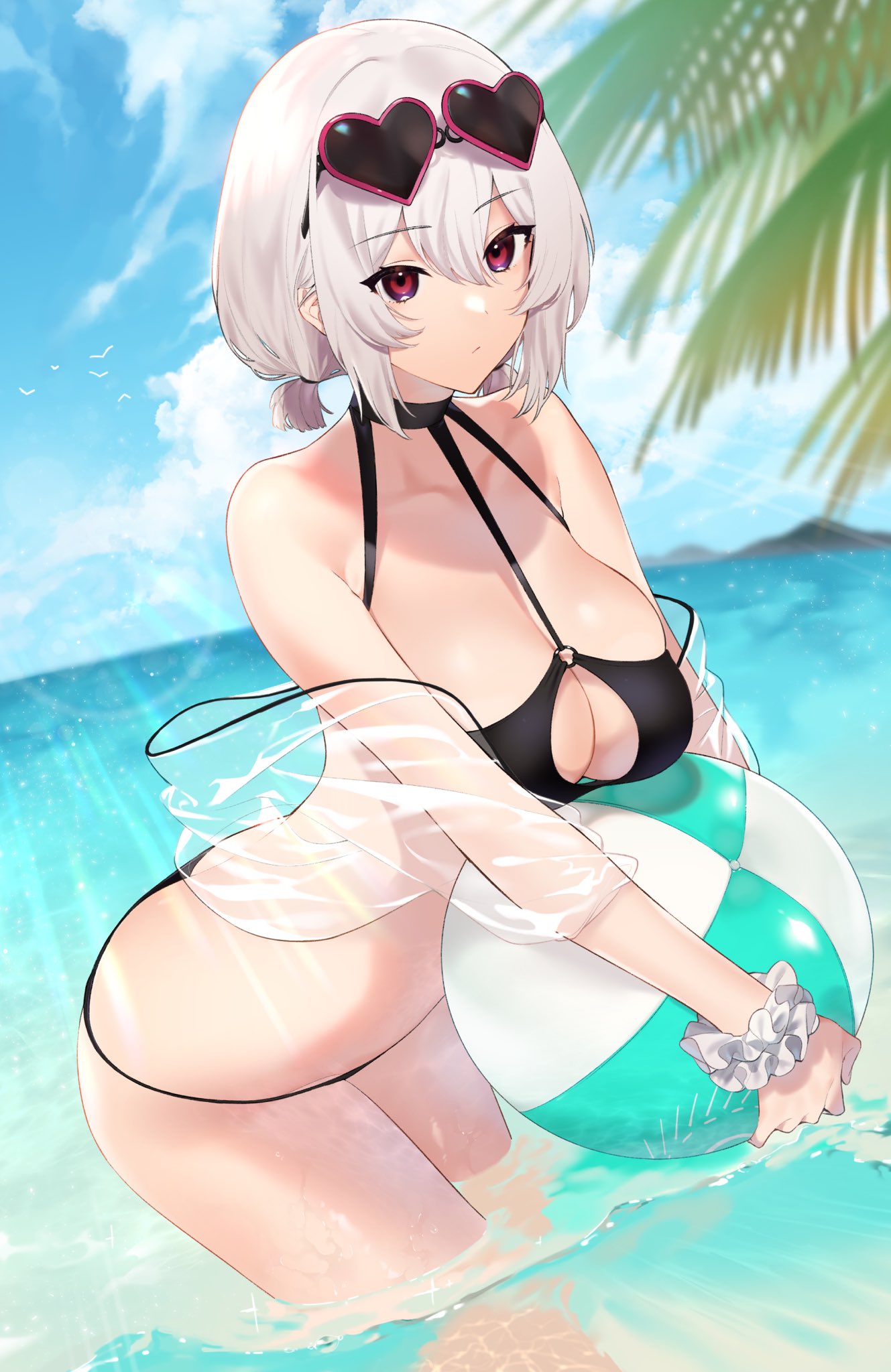 1girl azur_lane ball bangs beachball bikini black_bikini blue_sky clouds crossed_bangs dutch_angle eyewear_on_head heart heart-shaped_eyewear highres o-ring o-ring_bikini o-ring_top ocean palms red_eyes scrunchie shallow_water sheer_clothes sino42 sirius_(azur_lane) sirius_(midsummer_seirios)_(azur_lane) sky solo sunglasses swimsuit water white_hair white_scrunchie wrist_scrunchie