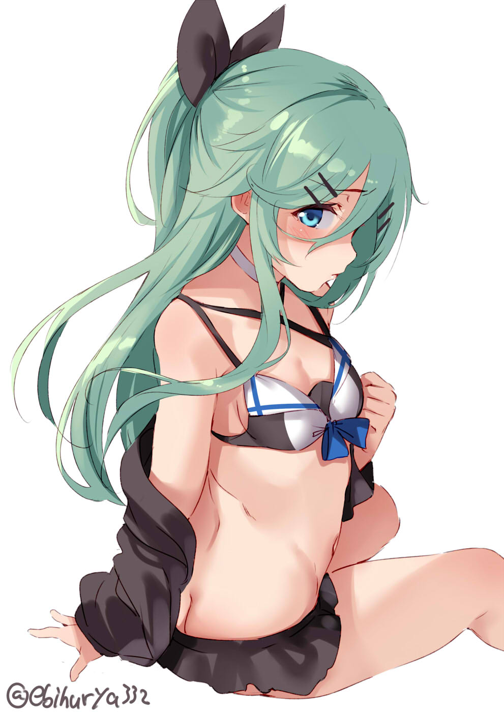 1girl adapted_costume ass bikini black_ribbon blue_eyes blush breasts cropped_legs ebifurya green_hair hair_ribbon highres kantai_collection long_hair navel ponytail ribbon shaded_face simple_background small_breasts solo swimsuit twitter_username white_background yamakaze_(kantai_collection)