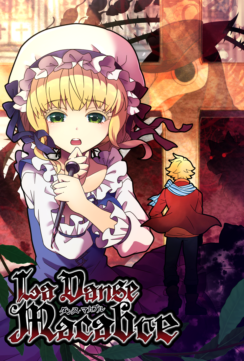 1girl 2boys abiko_yuuji alouette_(la_danse_macabre) blonde_hair brown_hair dress green_eyes hat hat_ribbon highres la_danse_macabre lazare_(la_danse_macabre) long_hair mob_cap multiple_boys official_art plague_doctor plague_doctor_(la_danse_macabre) plague_doctor_mask puffy_sleeves ribbon scarf short_hair stake