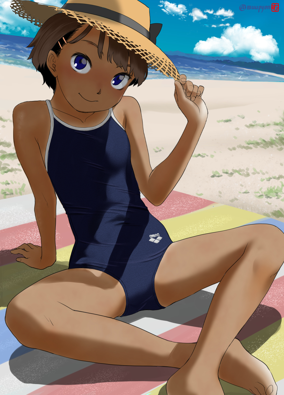 1girl arena_(company) beach blue_eyes blue_sky brown_hair clouds commentary_request competition_school_swimsuit crossed_legs day flat_chest hair_ornament hairclip hat highres logo looking_at_viewer mu-pyon original outdoors school_swimsuit short_hair sitting sky solo straw_hat sun_hat swimsuit tan tanline