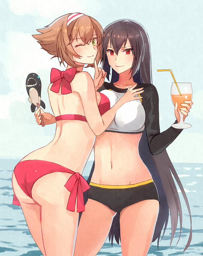 2girls adapted_costume ass bikini black_hair breasts brown_hair closed_mouth collarbone cowboy_shot cup drink drinking_glass drinking_straw green_eyes groin hair_between_eyes holding holding_cup kantai_collection kasumi_(skchkko) large_breasts long_hair long_sleeves multiple_girls mutsu_(kantai_collection) nagato_(kantai_collection) navel one_eye_closed red_bikini red_eyes short_hair smile swimsuit