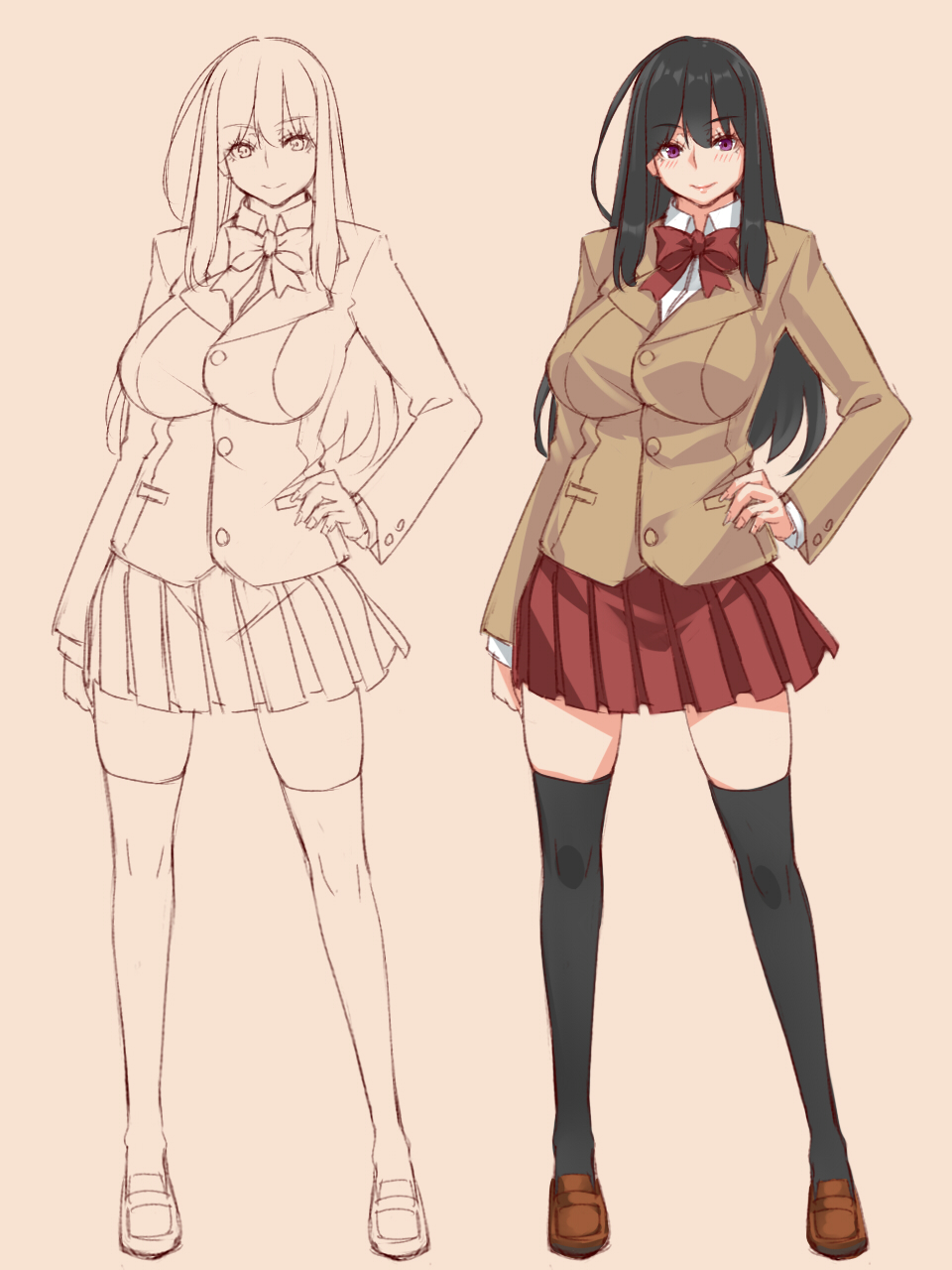 1girl beige_background black_hair black_legwear blush bow brown_footwear character_sheet closed_mouth eyebrows_visible_through_hair fingernails hand_on_hip hayama_kazusa highres long_hair original red_bow red_neckwear red_skirt school_uniform simple_background sketch skirt sleeves_past_wrists smile solo standing thigh-highs uniform violet_eyes
